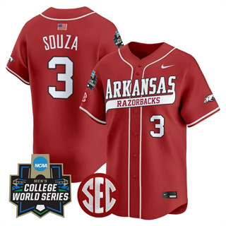 Men's Arkansas Razorbacks #3 Nolan Souza 2025 World Series Vapor Premier Limited Jersey All Stitched