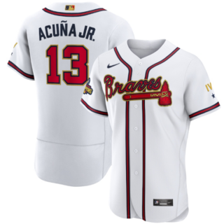 Men's Atlanta Braves #13 Ronald Acu?a Jr. 2022 White Gold World Series Champions Program Flex Base Stitched Baseball Jersey