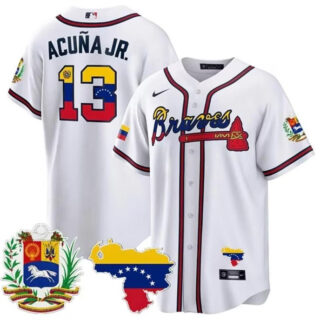 Men's Atlanta Braves #13 Ronald Acu?a Jr. 2023 White With Patch Cool Base Stitched Jersey