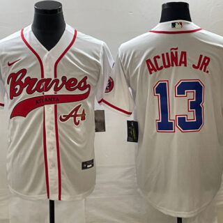 Men's Atlanta Braves #13 Ronald Acu?a Jr. White Cool Base With Patch Stitched Baseball Jersey