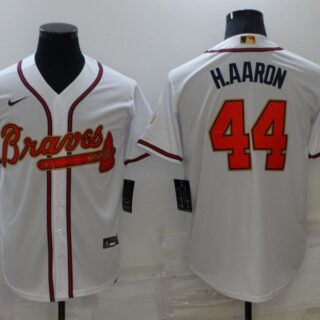 Men's Atlanta Braves #44 Hank Aaron 2022 White Gold World Series Champions Program Cool Base Stitched Baseball Jersey