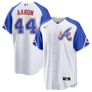 Men's Atlanta Braves #44 Hank Aaron White 2023 City Connect Cool Base Stitched Baseball Jersey