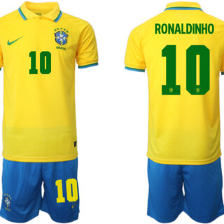 Men's Brazil #10 Ronaldinho Yellow Home Soccer Jersey Suit