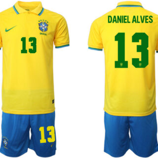 Men's Brazil #13 Daniel Alves Yellow 2022 FIFA World Cup HomeSoccer Jersey Suit