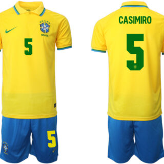 Men's Brazil #5 Casemiro Yellow Home Soccer Jersey Suit