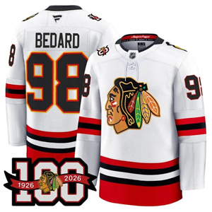 Men's Chicago Blackhawks 100th Anniversary Premium Jersey All Stitched #98 Connor Bedard