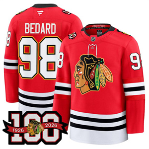 Men's Chicago Blackhawks 100th Anniversary Premium Jersey All Stitched #98 Connor Bedard