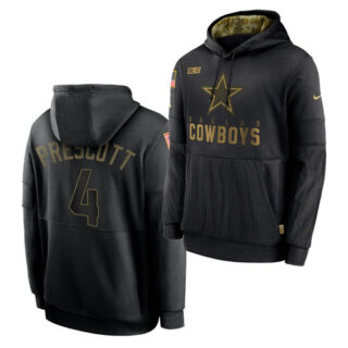 Men's Dallas Cowboys #4 Dak Prescott 2020 Salute To Service Black Sideline Performance Pullover Hoodie