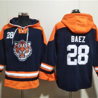 Men's Detroit Tigers #28 Javier B??ez Navy Lace-Up Pullover Hoodie