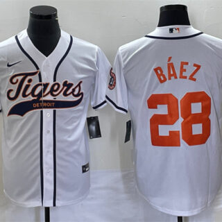 Men's Detroit Tigers #28 Javier B??ez White Cool Base Stitched Baseball Jersey