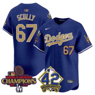 Men's Dodgers 2024 World Series Champions & Jackie Robinson Patch Vapor Premier Limited Jersey All Stitched Vin Scully #67