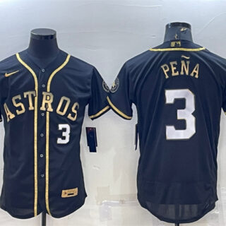 Men's Houston Astros #3 Jeremy Pe?a Black Gold 2022 World Series Flex Base Stitched Jersey