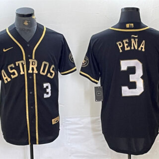 Men's Houston Astros #3 Jeremy Pe?a Black Gold 2022 World Series Stitched Baseball Jersey