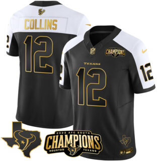 Men's Houston Texans #12 Nico Collins Black White Golden 2023 F.U.S.E. With AFC South Champions Patch And Team Logo Patch Limited Stitched Football Jersey