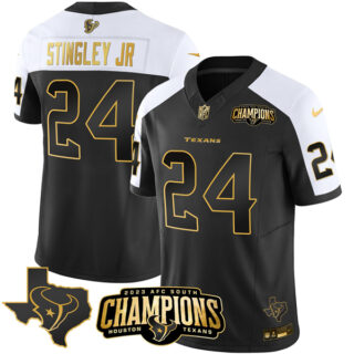 Men's Houston Texans #24 Derek Stingley Jr. Black White Golden 2023 F.U.S.E. With AFC South Champions Patch And Team Logo Patch Limited Stitched Football Jersey
