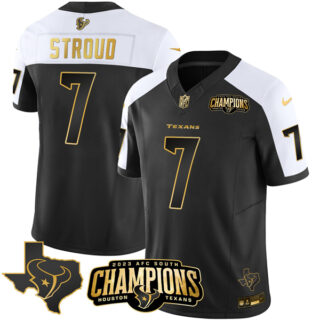 Men's Houston Texans #7 C.J. Stroud Black White Golden 2023 F.U.S.E. With AFC South Champions Patch And Team Logo Patch Limited Stitched Football Jersey
