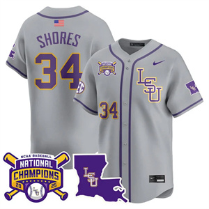 Men's LSU Tigers #34 Chase Shores 2025 World Series Champions Limited Jersey All Stitched