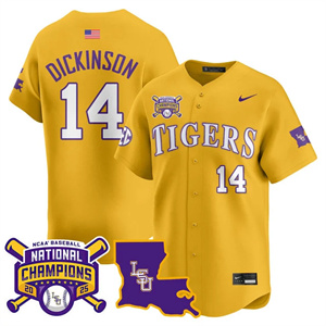 Men's LSU Tigers #14 Daniel Dickinson 2025 World Series Champions Limited Jersey All Stitched