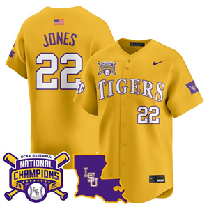 Men's LSU Tigers #22 Jared Jones 2025 World Series Champions Limited Jersey All Stitched