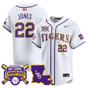 Men's LSU Tigers #22 Jared Jones 2025 World Series Champions Limited Jersey All Stitched