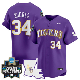 Men's LSU Tigers #34 Chase Shores 2025 World Series Vapor Premier Limited Jersey All Stitched