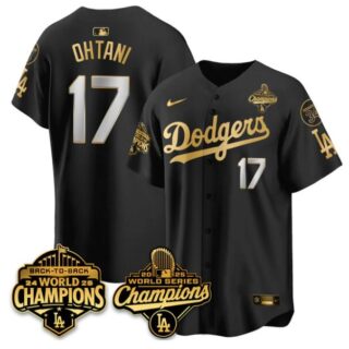 Men's Los Angeles Dodgers #17 Shohei Ohtani Black Gold 2025 World Series Champions & Back to Back Champions With No.34 Patch Limited Stitched Baseball Jersey