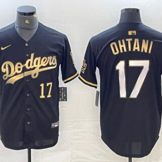 Men's Los Angeles Dodgers #17 Shohei Ohtani Number Black Gold Stitched Cool Base Nike Jersey