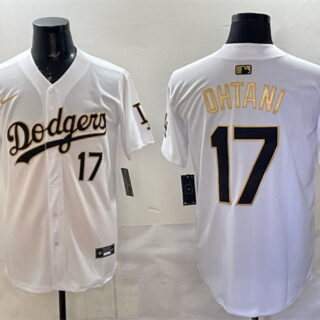 Men's Los Angeles Dodgers #17 Shohei Ohtani White Gold 2025 World Series Champions Patch Limited Stitched Baseball Jersey