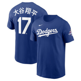 Men's Los Angeles Dodgers #17 ?????ƽ Royal 2024 World Series Champions Name & Number T-Shirt
