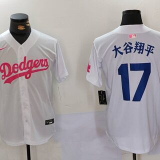 Men's Los Angeles Dodgers #17?????ƽ White Pink Vin & Kobe Patch Stitched Baseball Jerseys