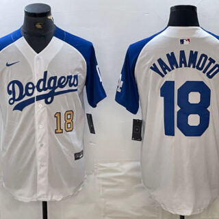 Men's Los Angeles Dodgers #18 ɽ??????  Yoshinobu White Blue Vin Patch Cool Base Stitched Baseball Jersey