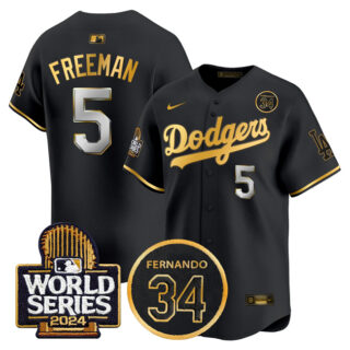 Men's Los Angeles Dodgers #5 Freddie Freeman Black Gold 2024 World Series With Fernando Memorial Patch Limited Stitched Baseball Jersey
