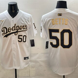 Men's Los Angeles Dodgers #50 Mookie Betts White Gold 2025 World Series Champions Patch Limited Stitched Baseball Jersey