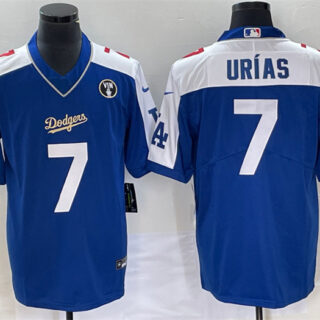 Men's Los Angeles Dodgers #7 Julio Ur??as Blue Vin Scully Patch Stitched Jersey