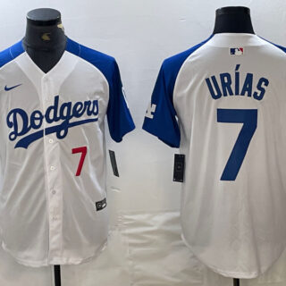 Men's Los Angeles Dodgers #7 Julio Ur??as White Blue Vin Patch Cool Base Stitched Baseball Jersey