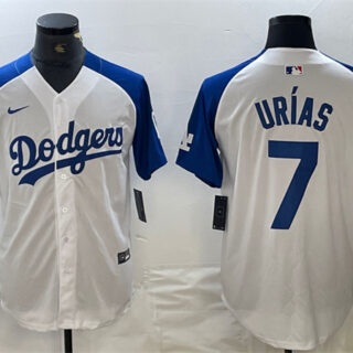 Men's Los Angeles Dodgers #7 Julio Ur??as White Blue Vin Patch Cool Base Stitched Baseball Jersey