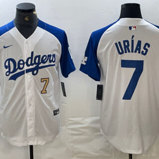 Men's Los Angeles Dodgers #7 Julio Ur??as White Blue Vin Patch Cool Base Stitched Baseball Jersey