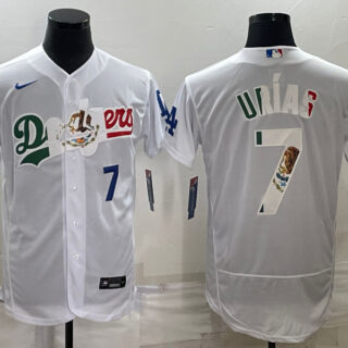 Men's Los Angeles Dodgers #7 Julio Ur??as White With Vin Scully Patch Flex Base Stitched Baseball Jersey