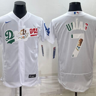 Men's Los Angeles Dodgers #7 Julio Ur??as White With Vin Scully Patch Flex Base Stitched Baseball JerseyS 1