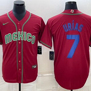 Men's Mexico Baseball #7 Julio Ur??as 2023 Red Blue World Baseball Classic Replica Stitched Jersey