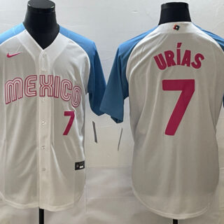 Men's Mexico Baseball #7 Julio Ur??as 2023 White Blue World Baseball Classic Stitched Jersey