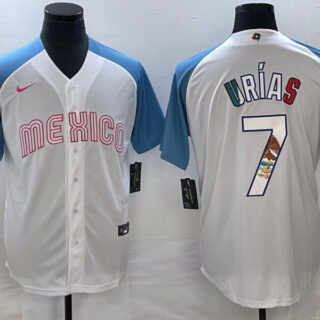 Men's Mexico Baseball #7 Julio Ur??as 2023 White Blue World Baseball Classic Stitched Jersey