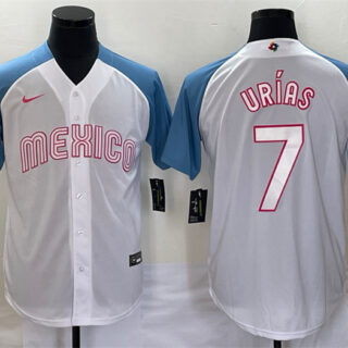 Men's Mexico Baseball #7 Julio Ur??as 2023 White Blue World Baseball Classic Stitched Jersey