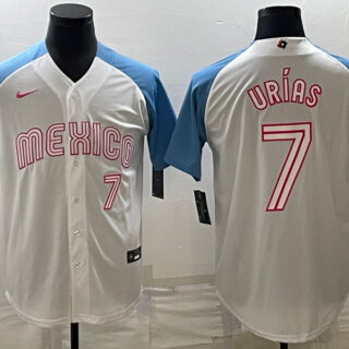 Men's Mexico Baseball #7 Julio Ur??as 2023 White Blue World Baseball Classic Stitched JerseyS