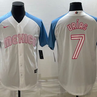 Men's Mexico Baseball #7 Julio Ur??as 2023 White Blue World Baseball Classic Stitched JerseyS 1