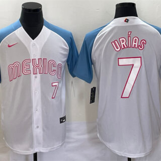 Men's Mexico Baseball #7 Julio Ur??as 2023 White Blue World Baseball Classic Stitched Jerseys