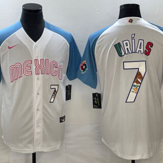 Men's Mexico Baseball #7 Julio Ur??as 2023 White Blue World Baseball Classic With Patch Stitched Jersey