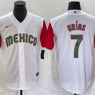 Men's Mexico Baseball #7 Julio Ur??as 2023 White Red World Baseball With Patch Classic Stitched Jersey
