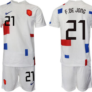 Men's Netherlands #21 F.De Jong White Away Soccer Jersey Suit