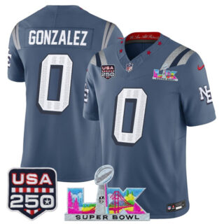 Men's New England Patriots #0 Christian Gonzalez Storm Blue 2025 F.U.S.E. Super Bowl LX & USA 250' Patch Rivalries Vapor Limited Football Stitched Jersey